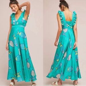 Anupamaa for Anthropologie Fish Print Silk Maxi Dress